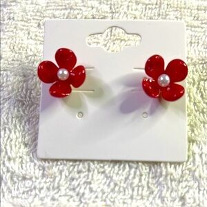 Red Flower Earrings with Pearl Center